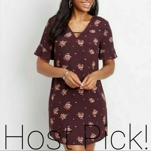 Maurices Floral Dress Short Flutter Sleeves Strappy Maroon Women's XS Mini EUC - Picture 1 of 5